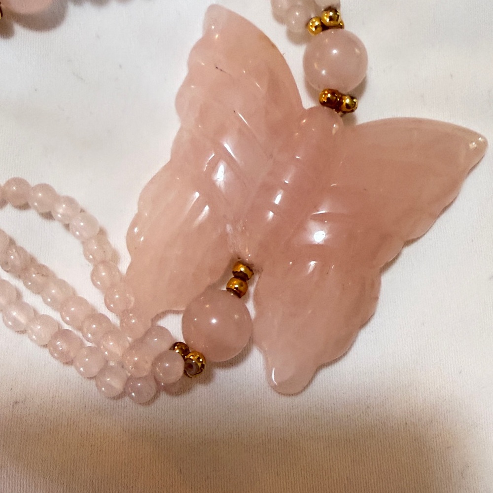 Vintage Rose Quartz Butterfly Pendant Necklace - Pink Beaded Women’s Jewelry